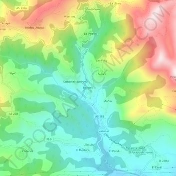 Topografische Karte Boriñes, Höhe, Relief