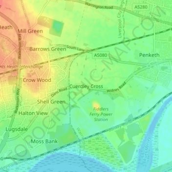 Topografische Karte Cuerdley Cross, Höhe, Relief