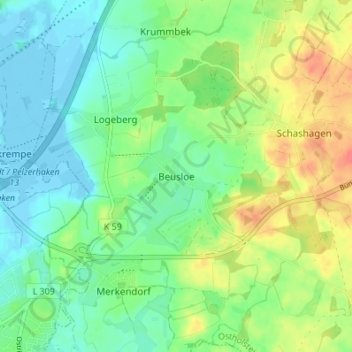 Topografische Karte Beusloe, Höhe, Relief