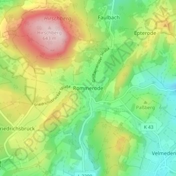 Topografische Karte Rommerode, Höhe, Relief