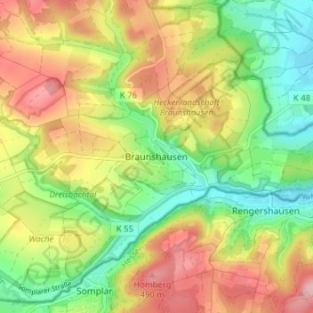 Topografische Karte Braunshausen, Höhe, Relief