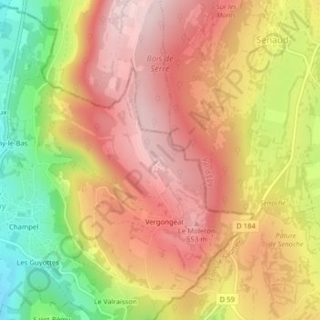 Topografische Karte Plateau de Vergongeat, Höhe, Relief