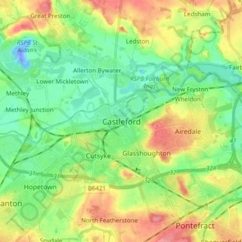 Topografische Karte Castleford, Höhe, Relief