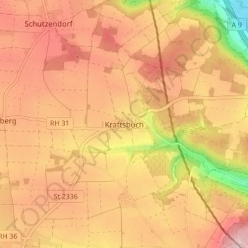 Topografische Karte Kraftsbuch, Höhe, Relief