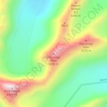 Topografische Karte Dzo Jongo West, Höhe, Relief