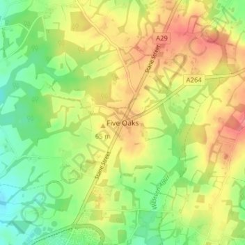 Topografische Karte Five Oaks, Höhe, Relief
