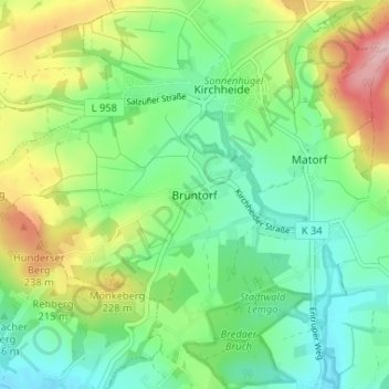 Topografische Karte Brüntorf, Höhe, Relief