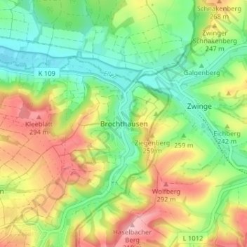 Topografische Karte Brochthausen, Höhe, Relief