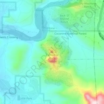 Topografische Karte Cathedral Rock, Höhe, Relief