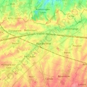Topografische Karte Waremme, Höhe, Relief