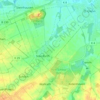 Topografische Karte Rubbelrath, Höhe, Relief