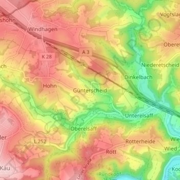 Topografische Karte Günterscheid, Höhe, Relief