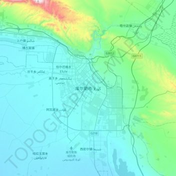 Topografische Karte Korla, Höhe, Relief