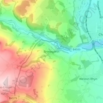 Topografische Karte Bronygarth, Höhe, Relief