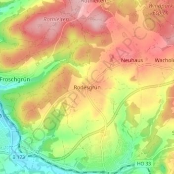 Topografische Karte Rodesgrün, Höhe, Relief