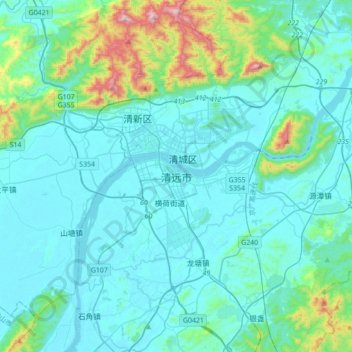 Topografische Karte 清远市, Höhe, Relief