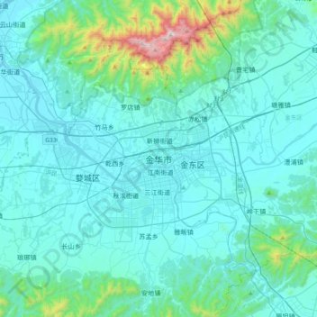 Topografische Karte 金华市, Höhe, Relief