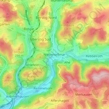 Topografische Karte Niederseßmar, Höhe, Relief