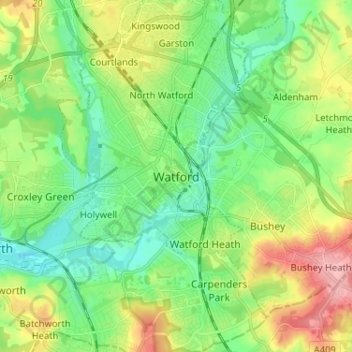 Topografische Karte Watford, Höhe, Relief