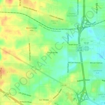 Topografische Karte Dixon Acres, Höhe, Relief