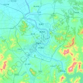 Topografische Karte 吉林市, Höhe, Relief