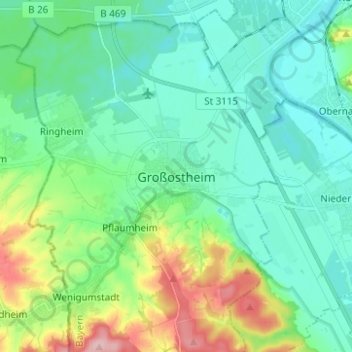 Topografische Karte Großostheim, Höhe, Relief