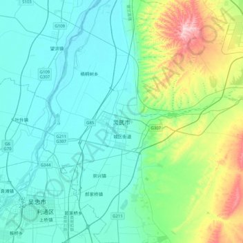 Topografische Karte 灵武市, Höhe, Relief