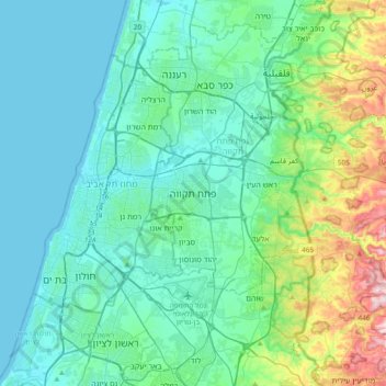 Topografische Karte Petah Tikva, Höhe, Relief