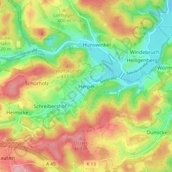 Topografische Karte Herpel, Höhe, Relief