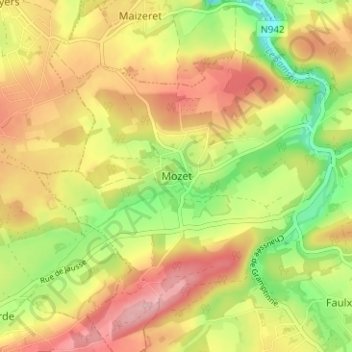 Topografische Karte Mozet, Höhe, Relief