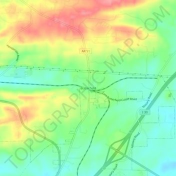 Topografische Karte Butterfield, Höhe, Relief