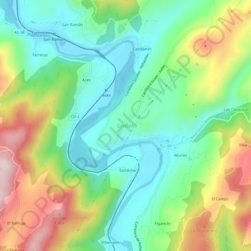 Topografische Karte Grullos, Höhe, Relief