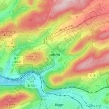 Topografische Karte Antfeld, Höhe, Relief