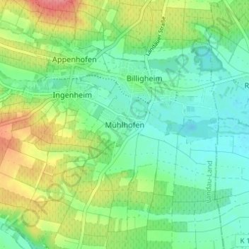 Topografische Karte Mühlhofen, Höhe, Relief