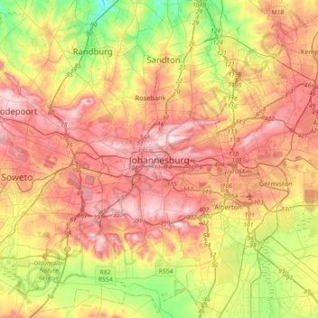 Topografische Karte Johannesburg, Höhe, Relief