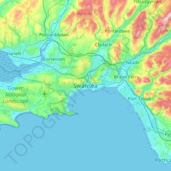 Topografische Karte Swansea, Höhe, Relief