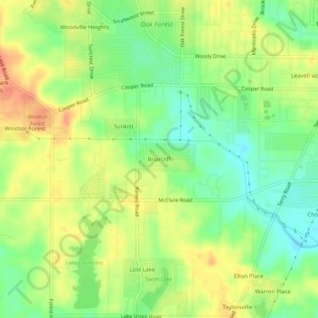 Topografische Karte Briarcliff, Höhe, Relief
