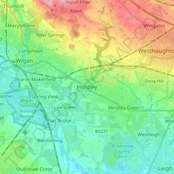 Topografische Karte Hindley, Höhe, Relief