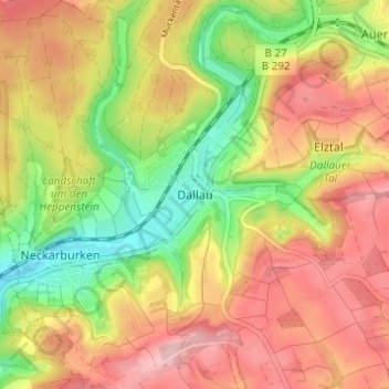 Topografische Karte Dallau, Höhe, Relief