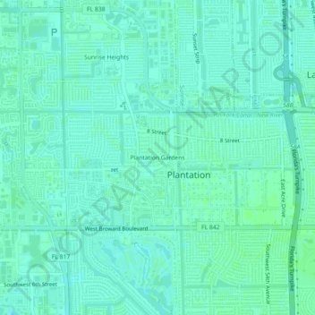 Topografische Karte Plantation Gardens, Höhe, Relief