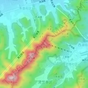 Topografische Karte 北高峰, Höhe, Relief