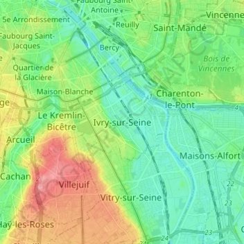 Topografische Karte Ivry-sur-Seine, Höhe, Relief