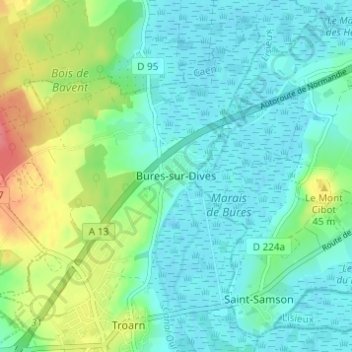 Topografische Karte Bures-sur-Dives, Höhe, Relief