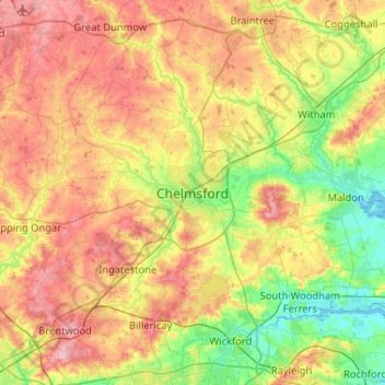 Topografische Karte Chelmsford, Höhe, Relief