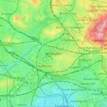 Topografische Karte Willesden, Höhe, Relief