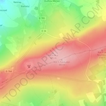 Topografische Karte Roc’h Ruz, Höhe, Relief