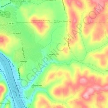 Topografische Karte Arnold City, Höhe, Relief