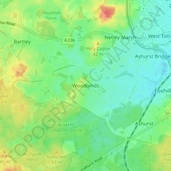 Topografische Karte Woodlands, Höhe, Relief