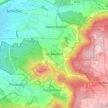 Topografische Karte Zeckendorf, Höhe, Relief
