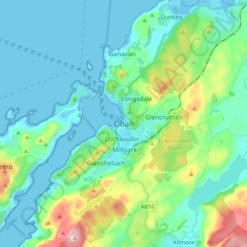 Topografische Karte Oban, Höhe, Relief